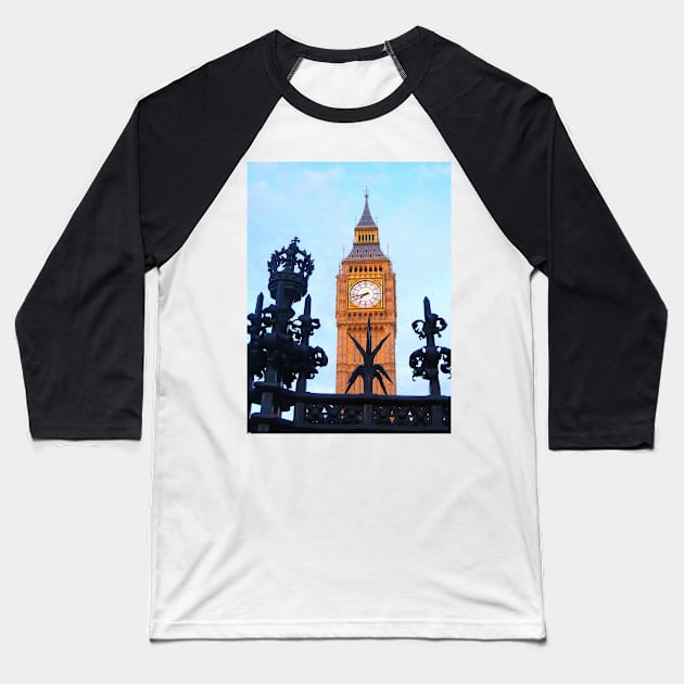 London. Big Ben through the Fence. Great Britain 2009 Baseball T-Shirt by IgorPozdnyakov